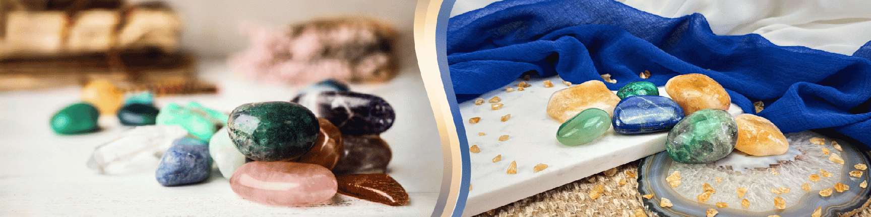 On the left, a pile of pebbles. On the right, several pebbles displayed on a stone slice and a plaque, surrounded by stone chips, with a white and blue fabric background.
