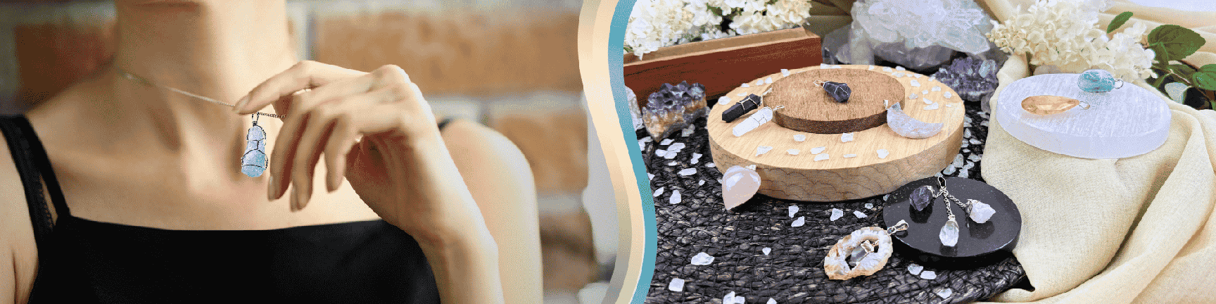 On the left, a woman wearing a pendant on a chain. On the right, many different pendants displayed on stone slices and a wooden slice, with a floral background and natural stones.