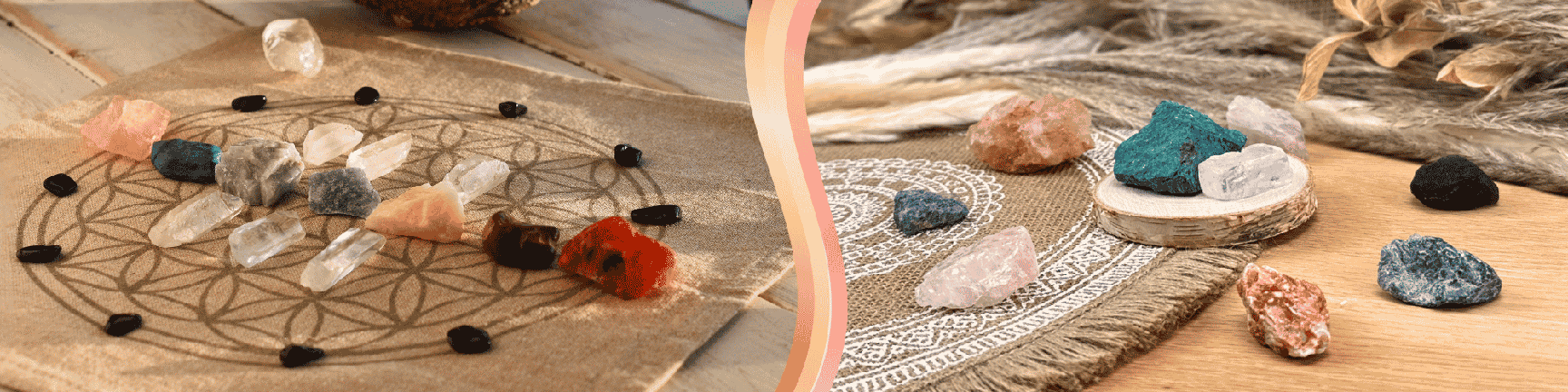 On the left, some rough stones and stone chips arranged in a circular pattern on a fabric featuring a Flower of Life design. On the right, some rough stones arranged in a circular pattern on a wooden table, with half of the stones on the table and the other half on a rug.