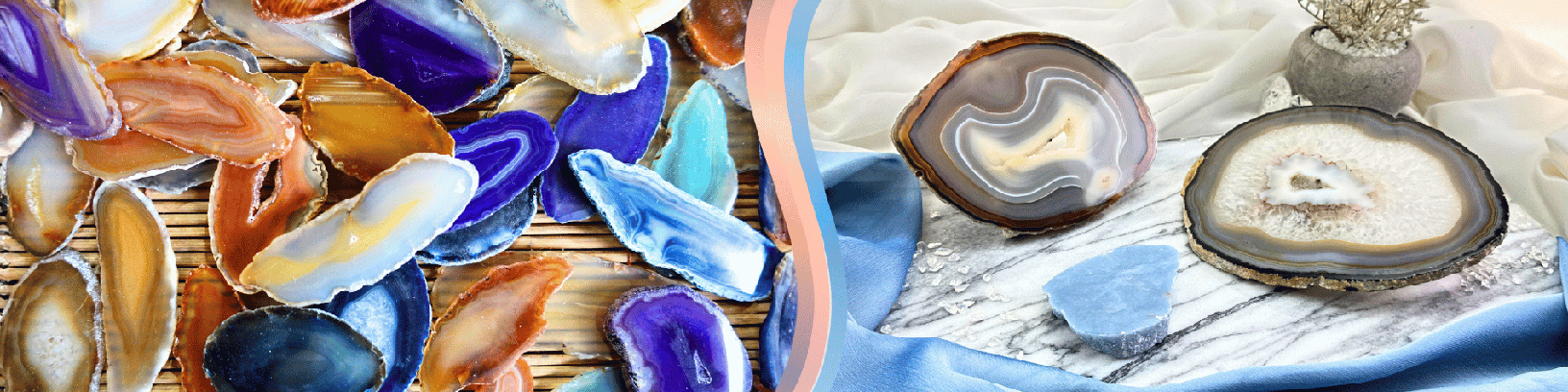 Left: Colorful polished agate slices arranged on a bamboo mat. Right: Two natural agate slices with a blue slice displayed on a marble surface with soft blue fabric and decorative crystal chips.