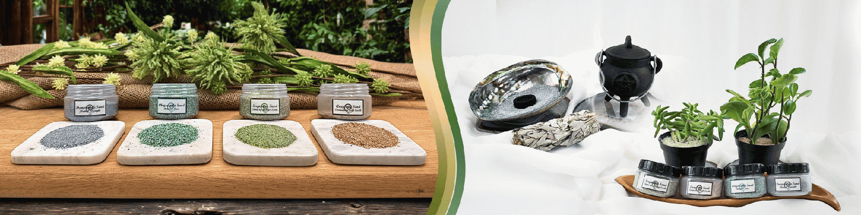 To the left, coloured ritual sands displayed on trays with jars. To the right, a smudging kit featuring an abalone shell, white sage, a cast iron cauldron, and potted herbs.