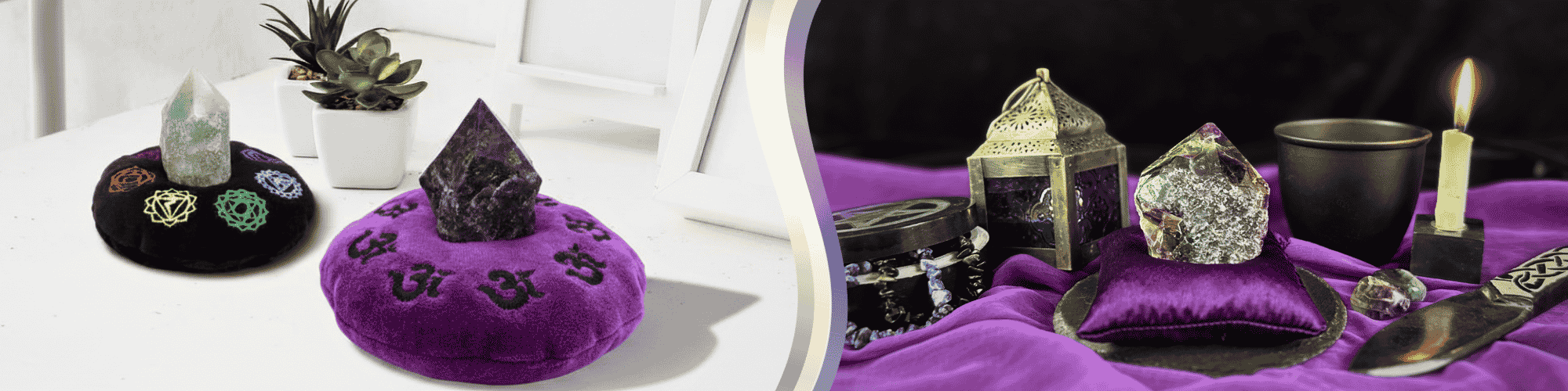 Two crystal display cushions, one black and one purple, holding crystal towers. The right side shows a crystal on a purple cushion surrounded by candles, a lantern, and other decorative items.
