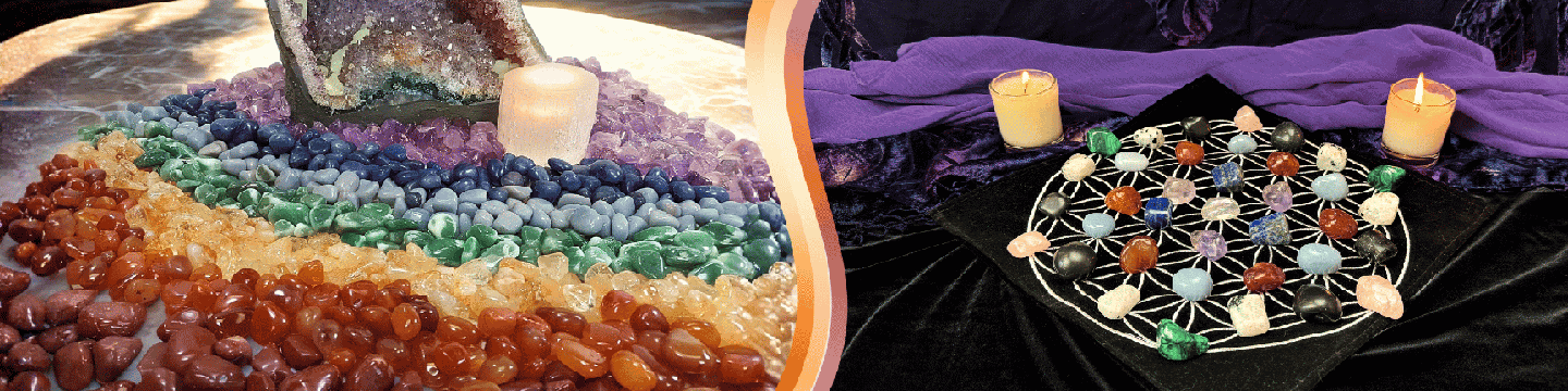 Colorful tumbled stones arranged in a circle with a candle and a druzy stone on the left, and a Flower of Life fabric with stones and candles on each sides to the right.